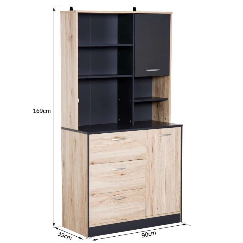 HOMCOM Armario Alacena Buffe Aparador de Cocina Mueble Auxiliar Organizador 5 Estantes 3 Cajones 2 Puertas 90x39x169cm Roble y Negro Madera