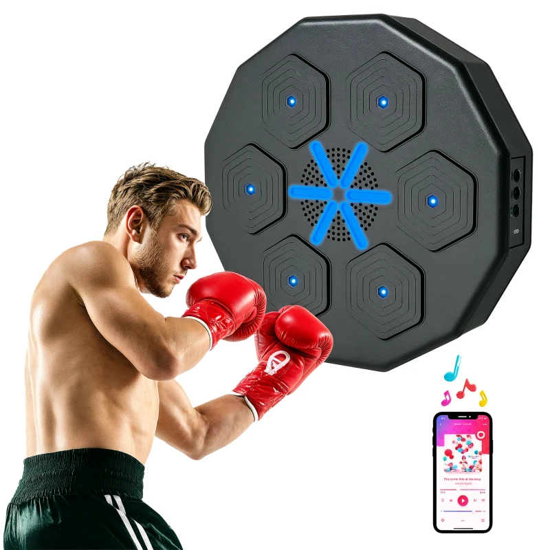 SPORTNOW Boxing Machine Musicale a Parete, con Connessione Bluetooth e Luci Blu, 40x40 cm, Nero