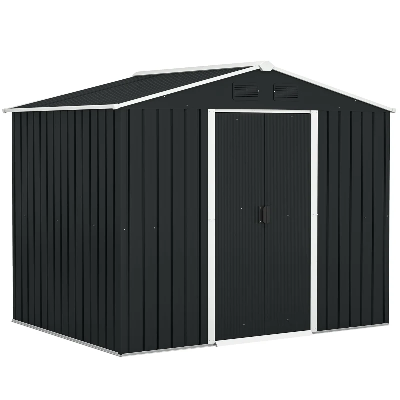 Outsunny Casetta da Giardino 3.6m² Porta Utensili in Lamiera di Acciaio, Capanno da Esterno Porta Attrezzi con 2 Porte Scorrevoli e 4 Prese di Ventilazione, 236x174x190 cm, Grigio Scuro