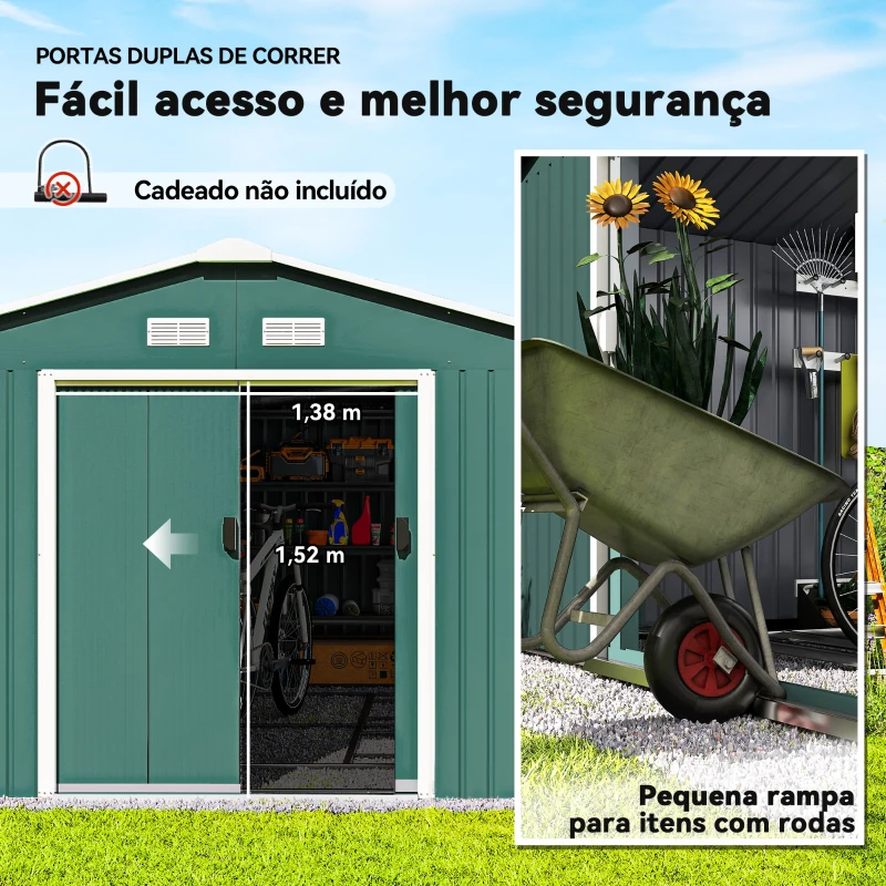 Outsunny Abrigo de Jardim Metálico 340x386x200cm Abrigo para Armazenamento de Ferramentas com Base de Reforço Incluida Verde