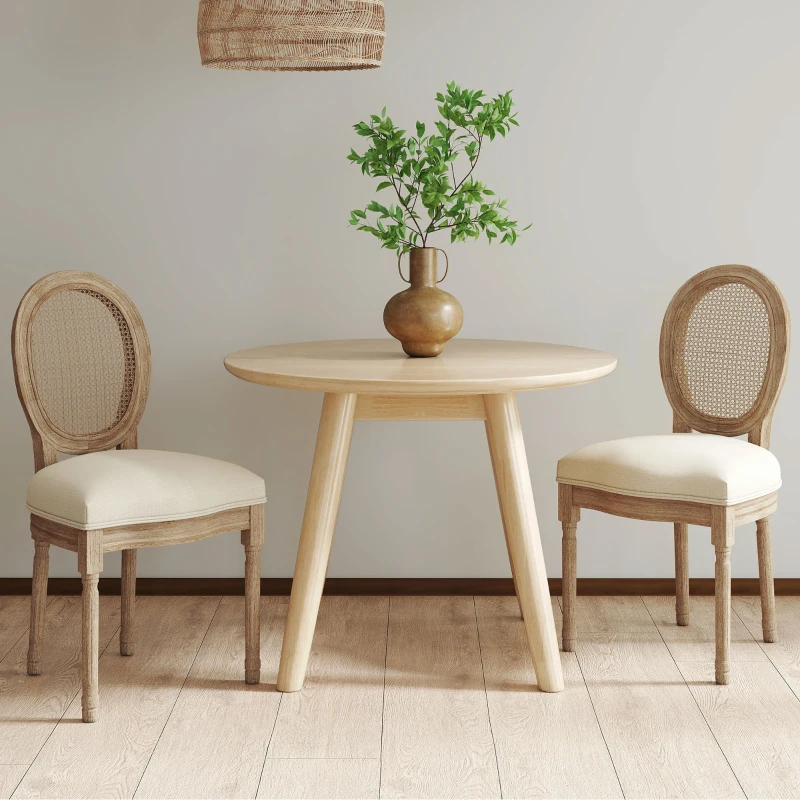 HOMCOM set van 2 eetkamerstoelen vintage keukenstoel gestoffeerde stoel met rotan rugleuning linnen touch rubber hout wit 49 x 56 x 96 cm