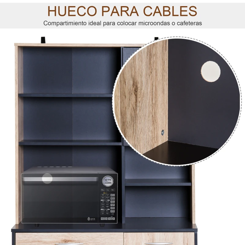 HOMCOM Armario Alacena Buffe Aparador de Cocina Mueble Auxiliar Organizador 5 Estantes 3 Cajones 2 Puertas 90x39x169cm Roble y Negro Madera