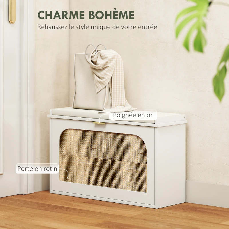 HOMCOM Banc à chaussures, banc de rangement, assise rembourrée, tiroir rabattable, porte en rotin, 80 x 26 x 47,5 cm, blanc