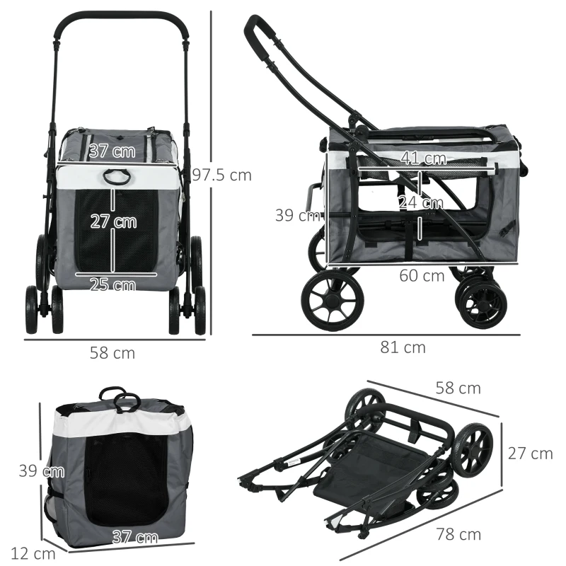 PawHut Hondenbuggy Huisdierbuggy Hondenkar, inklapbaar, afneembare mand, 81 x 58 x 97,5 cm, Zwart + Grijs + Wit