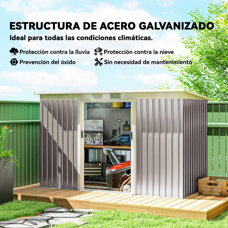 Outsunny Caseta de Jardín Exterior 3,2 m² 280x130x172 cm Cobertizo de Jardín con Puertas Correderas y Ventilaciones Gris Claro