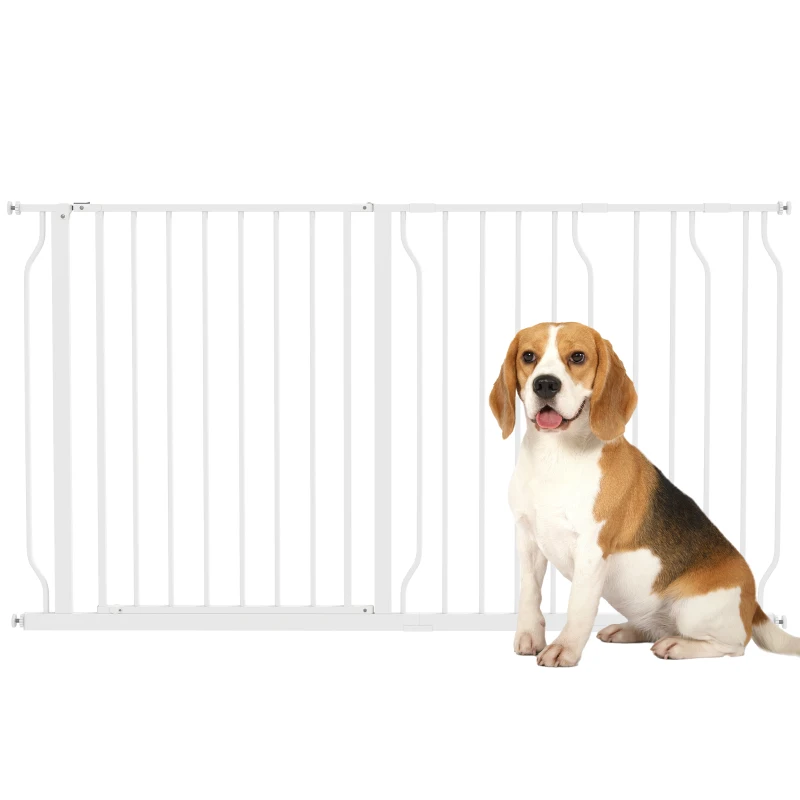 PawHut Barrière de sécurité barrière pour animal domestique longueur réglable barrière escaliers couloirs portes sans perçage en acier et ABS dim. 145L x 76H cm blanc