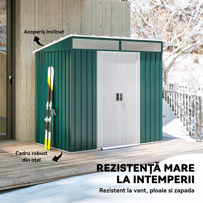 Outsunny Căsuță de Grădină cu Uși Culisante și Bază pentru Pardoseală din Oțel, 195x122x181,5 cm, Verde
