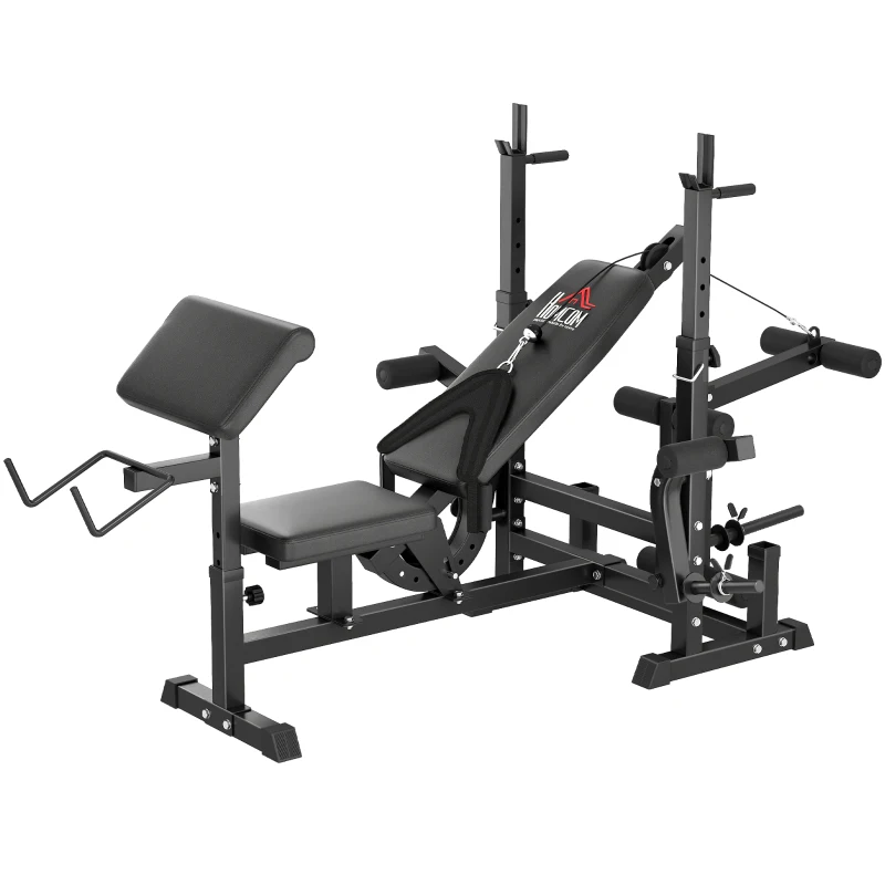 HOMCOM Banco de Pesas Banco de Musculación Multifuncional con Respaldo Reclinable y Altura Ajustable para Entrenamiento Fitness en Casa 210x110x103-123 cm Negro