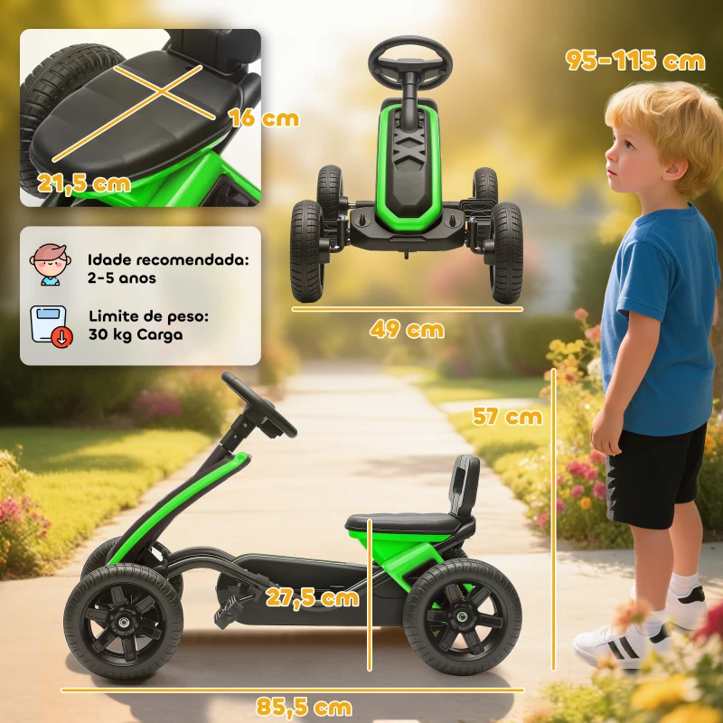 AIYAPLAY Kart Pedais Kart com Rodas Antiderrapantes de EVA Estrutura Metálica Carga 30 kg para Crianças de 2-5 Anos 85,5x49x57 cm Verde