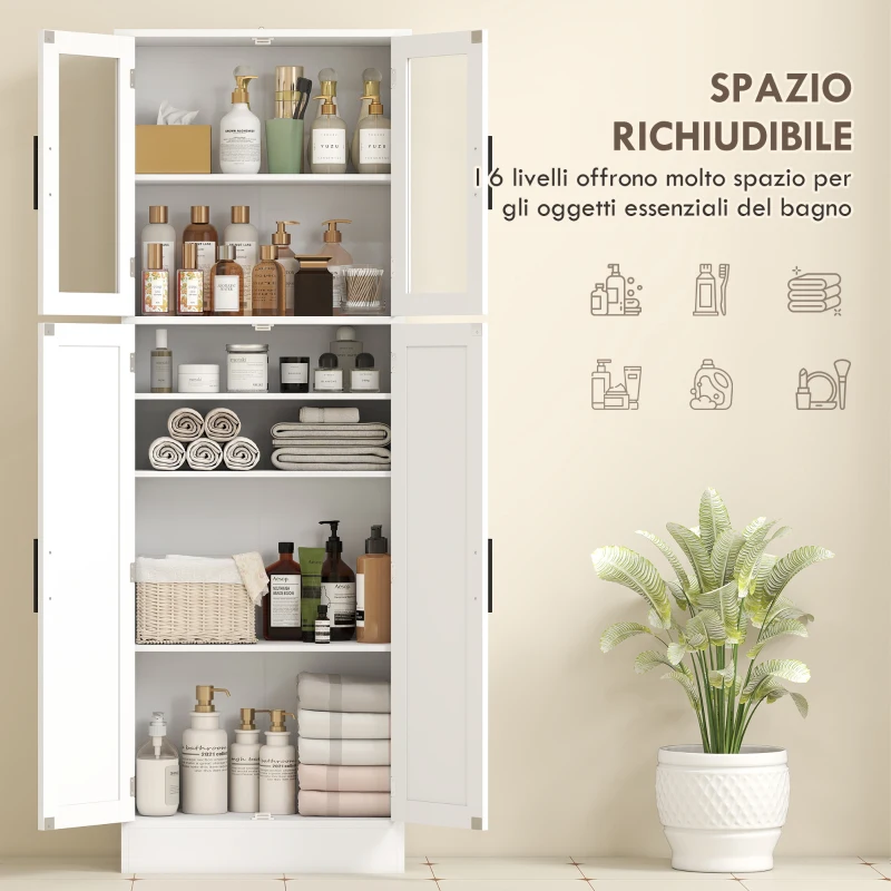 HOMCOM Mobile Bagno Alto con Ripiani Regolabili, Ante in Vetro e Legno, 60x30x170 cm, Bianco