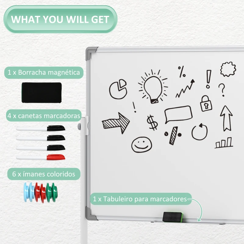 HOMCOM Quadro Magnético de Dupla Face 120x90 cm Quadro Branco Giratório com Suporte Ímanes Marcadores e Apagador Branco