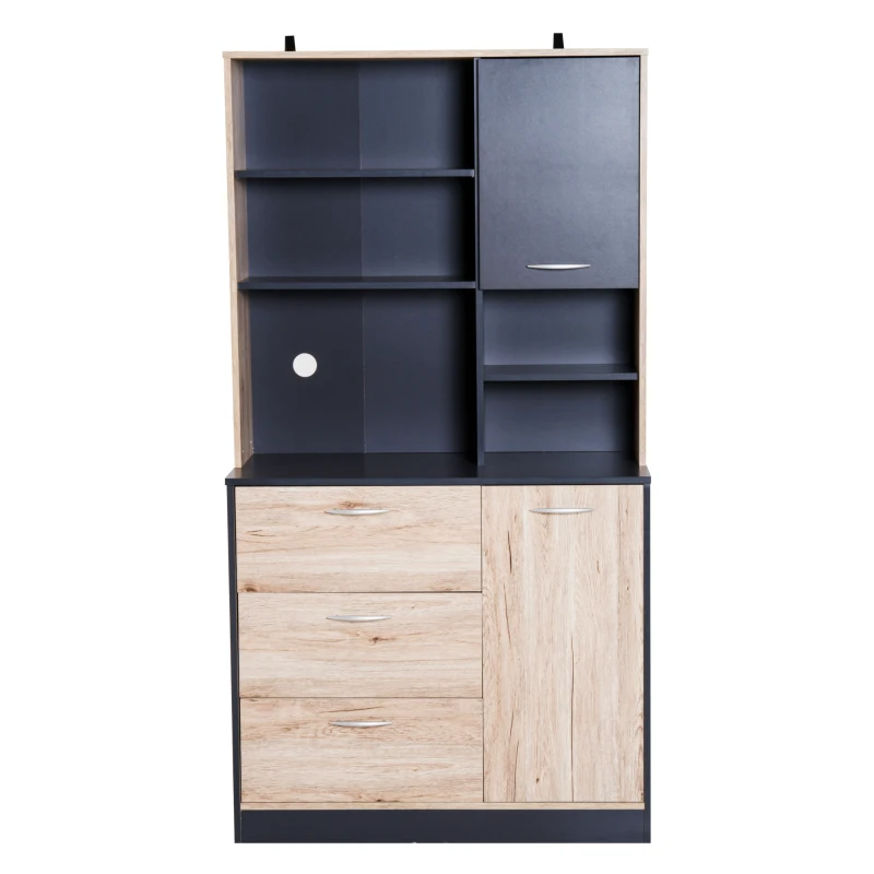 HOMCOM Armario Alacena Buffe Aparador de Cocina Mueble Auxiliar Organizador 5 Estantes 3 Cajones 2 Puertas 90x39x169cm Roble y Negro Madera