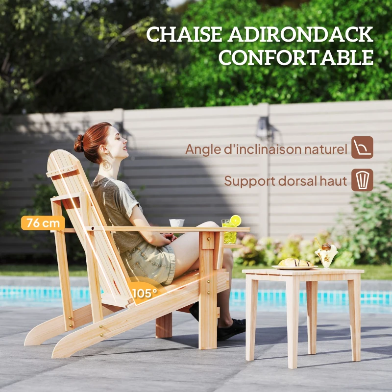 Outsunny Fauteuil de jardin Adirondack grand confort porte-gobelet intégré bois de sapin traité peint bois naturel