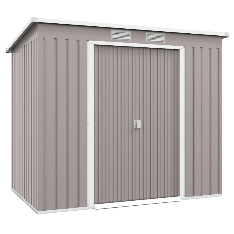 Outsunny Cobertizo de Jardín Exterior 2,42 m² 213x130x172 cm con Puerta Corredera Techo Inclinado Base y 2 Ventanas Gris Claro