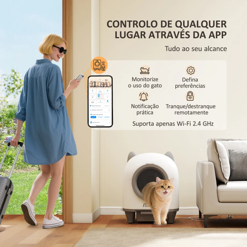 PawHut Caixa de Areia Autolimpante para Gatos 80L com Eliminação de Odores e Controlo por APP 55,5x51x60 cm Branco