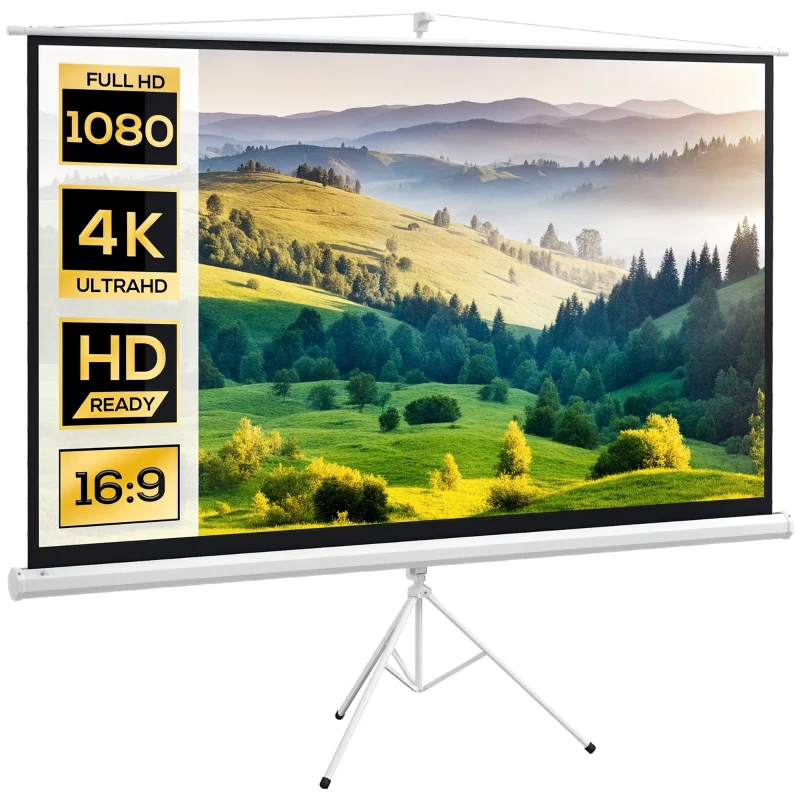 HOMCOM Telo Proiettore Pieghevole da 100" Formato 16:9 con Treppiede Regolabile, 235.8x8x136 cm, Bianco