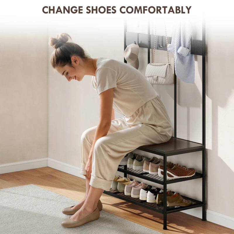 HOMCOM Cuier de Hol 3 în 1 cu 6 Cârlige și Bancă cu Suport pentru Pantofi, Negru