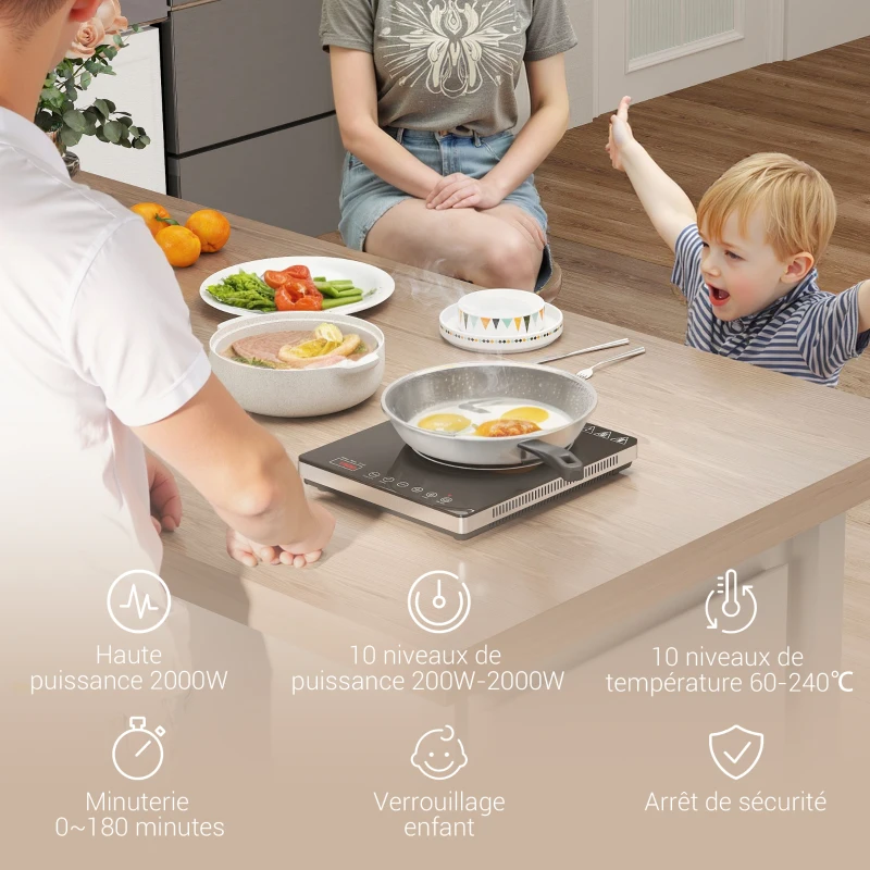 HOMCOM Plaque à induction portable 2000 W 10 températures 10 puissances minuterie écran LED verrouillage enfant noir