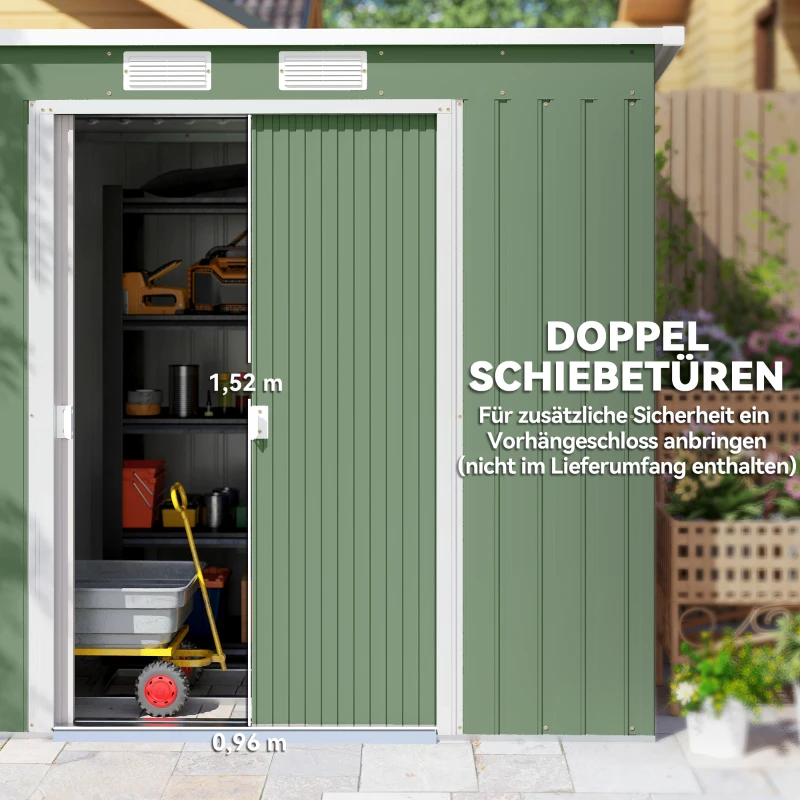 Outsunny Geräteschuppen, mit Lüftungsfenstern, Schiebetüren, verzinkter Stahl, 213 x 130 x 159 cm, Grün(m-5)