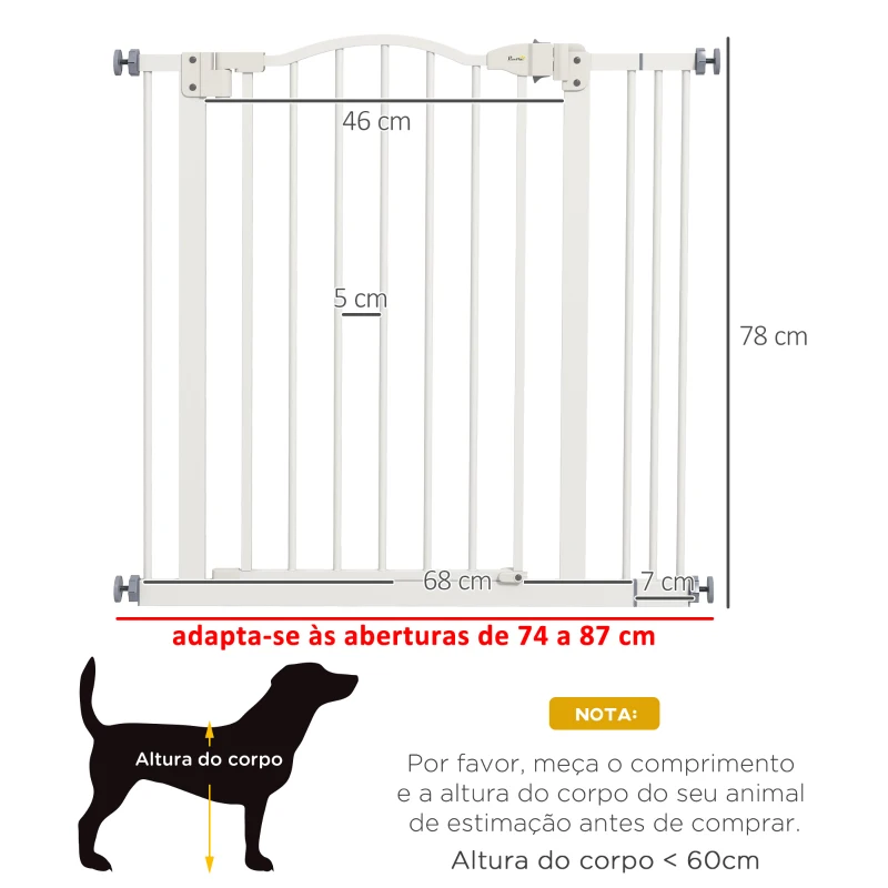 PawHut Barreira de Segurança para Cães com Largura Ajustável 74-87 cm e Extensões para Escadas e Portas Branco