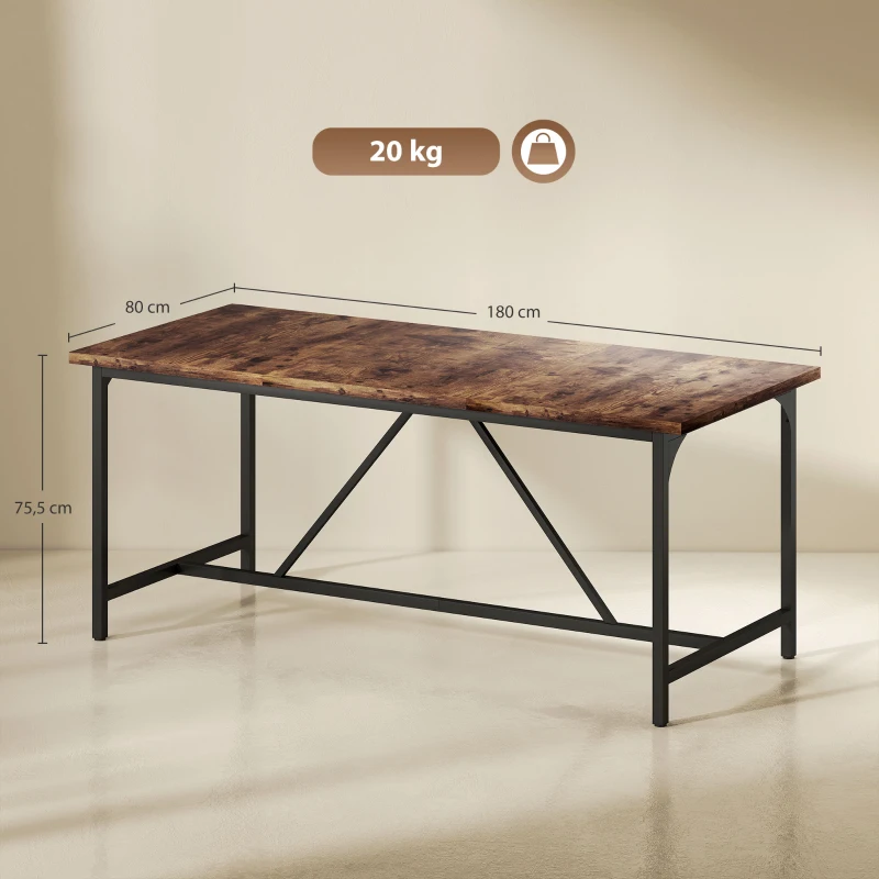 HOMCOM Table à Manger Rectangulaire pour 6-8 Personnes de Style Industriel avec Pieds en Métal 180x80x75,5 cm Marron Rustique
