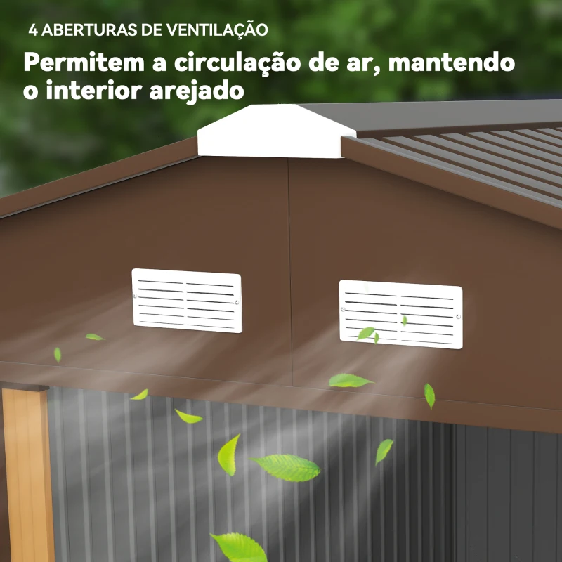 Outsunny Abrigo de Jardim Metálico 340x386x200cm Abrigo de Exterior para Armazenamento de Ferramentas com Base de Reforço Incluida 4 Janelas de Ventilação e Porta Corredeira Marrom