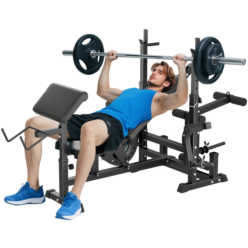 HOMCOM Multifunktion Hantelbank Trainingsbank mit Langhantel-Ablage verstellbar Schrägbank Kraftstation Fitnessstation Stahl Kunstleder 210 x 110 x 103-123 cm