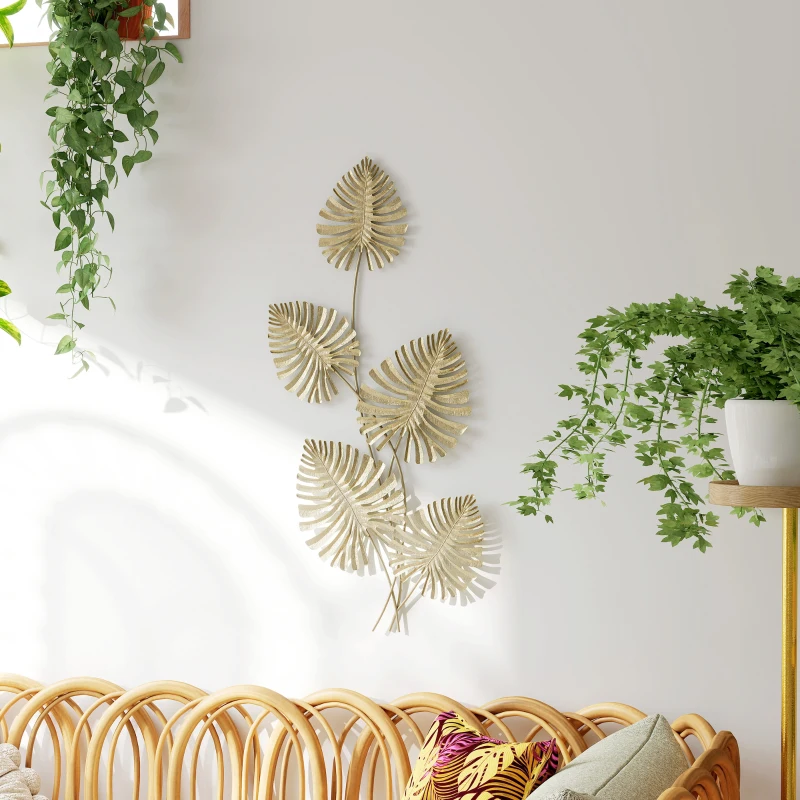 HOMCOM Decoración de Pared a 5 Hojas de Monstera en Metal Dorado con Accesorios para Montaje Incluidos, 83x2,5x39 cm