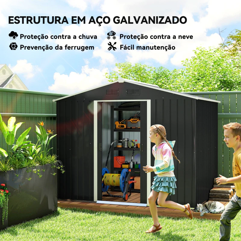 Outsunny Abrigo de Jardim de 3,6 m² 236x174x190 cm para Armazenamento de Ferramentas com Portas de Correr e 4 Janelas de Ventilação Cinza