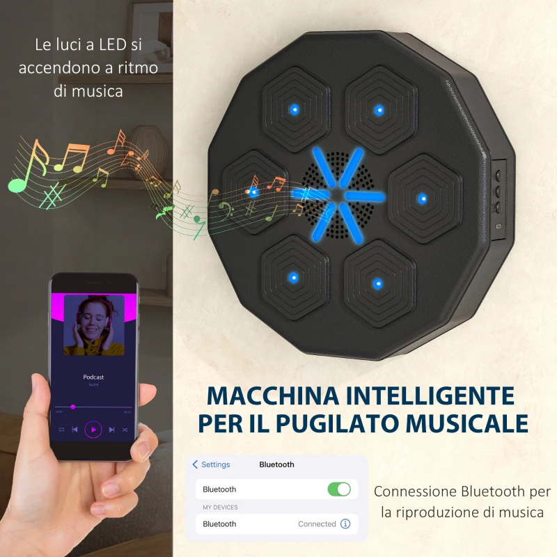 SPORTNOW Macchina da Boxe Musicale a Parete, con Connessione Bluetooth e Luci Blu, 40x40 cm, Nero