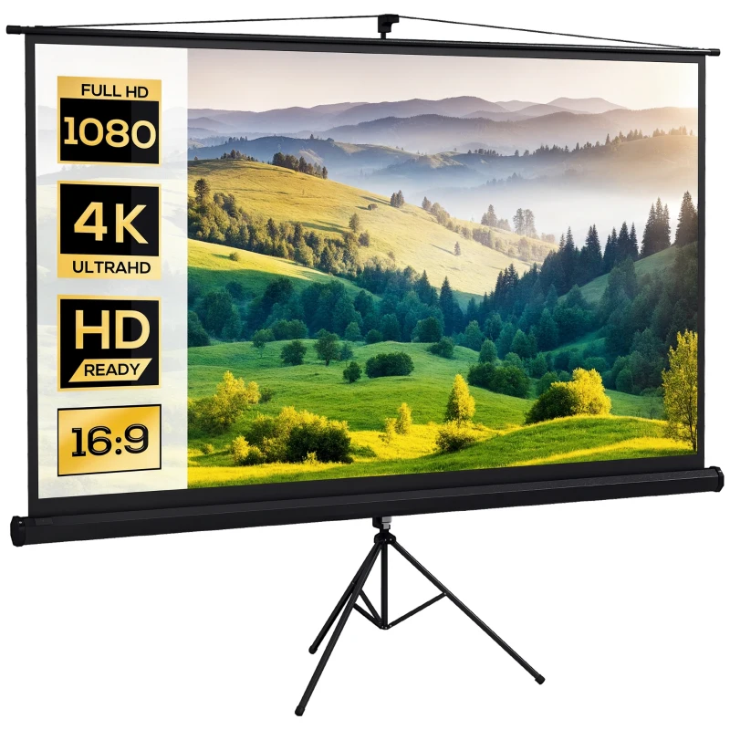 HOMCOM Telo Proiettore Pieghevole da 100" Formato 16:9 con Treppiede Regolabile, 235.8x8x136 cm, Nero