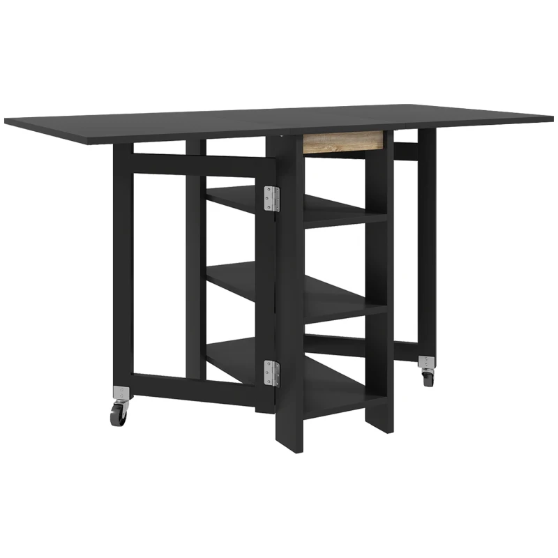 HOMCOM Mesa de cocina mesa de comedor plegable desmontable con 3 estantes 2 abatibles diseño moderno 120 x 60 x 75 cm negro