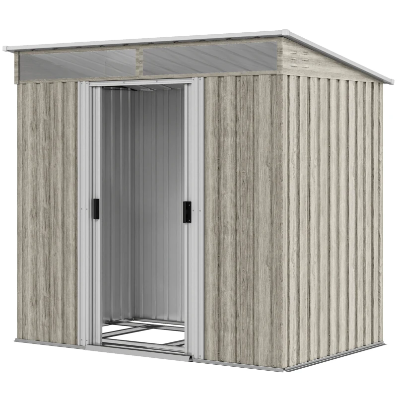 Outsunny 6.5 x 4FT Galvanised Metal Shed with Foundation Kit, Lockable Tool Garden Shed with Double Sliding Doors, Vents, Light Grey Wood Effect