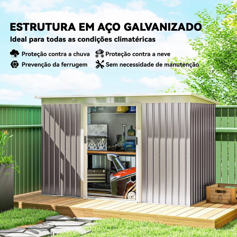 Outsunny Abrigo de Jardim 280x130x172 cm Abrigo de Exterior de Aço Galvanizado com Porta Corredeira e Ventilações Cinza