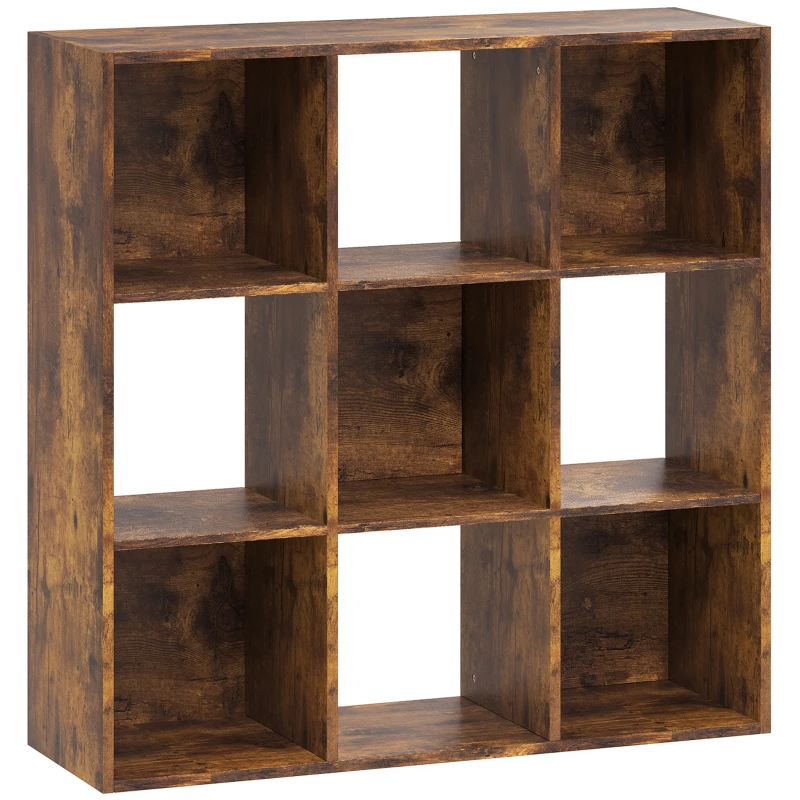 HOMCOM 3-tier 9 Cubes Storage Unit Particle Board Cupboard Bookcase Organiser Home Office Shelves, Rustic Brown