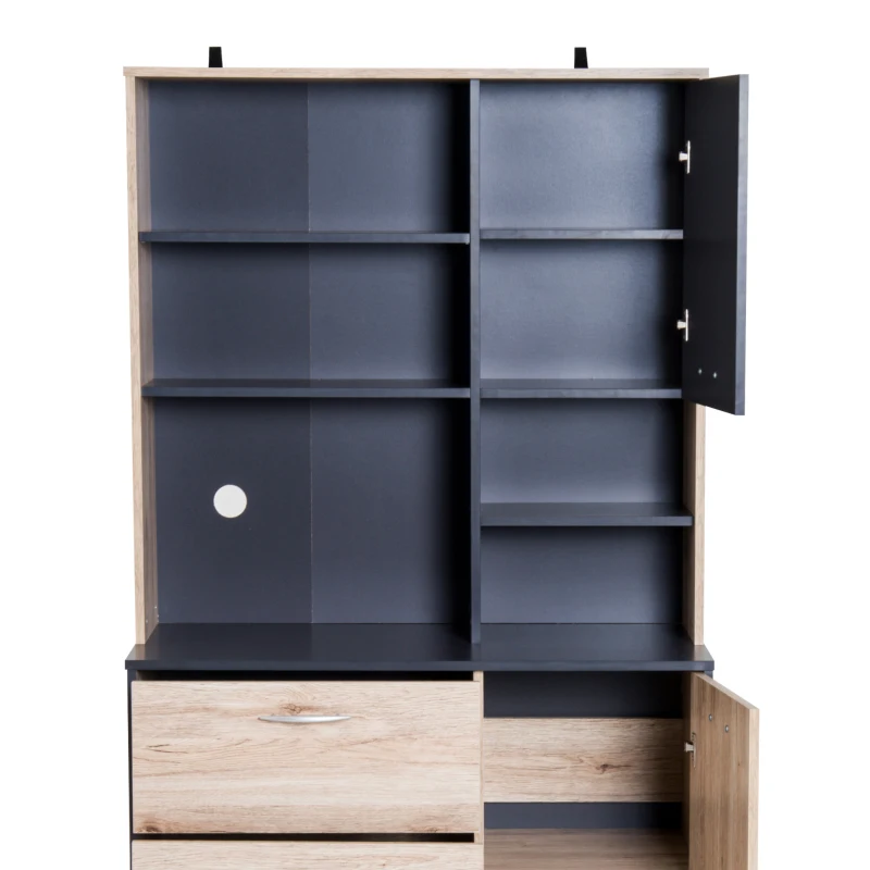 HOMCOM Armario Alacena Buffe Aparador de Cocina Mueble Auxiliar Organizador 5 Estantes 3 Cajones 2 Puertas 90x39x169cm Roble y Negro Madera