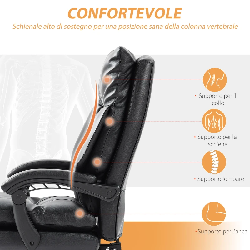 HOMCOM Sedia per Scrivania ad Altezza Regolabile e Reclinabile fino a 135°, in Pelle PU Nera, 65x76x113-121 cm