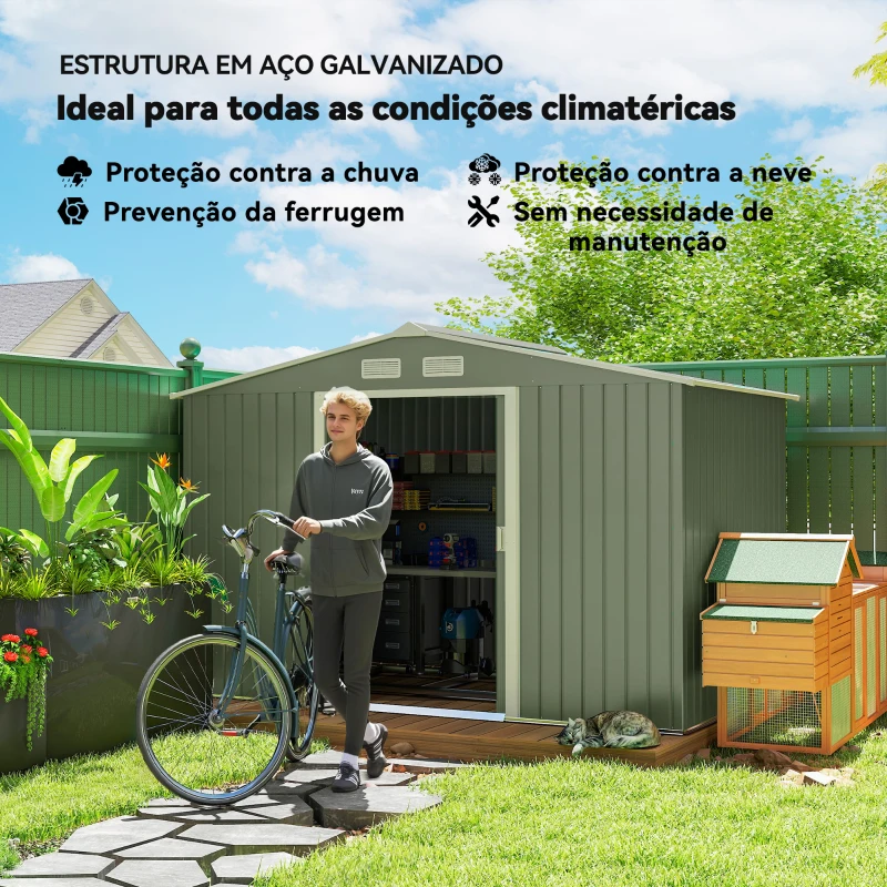 Outsunny Abrigo de Jardim 4,83m² 277x195x192cm Abrigo Metálico para Armazenamento de Ferramentas com Base de Reforço Incluída Verde Claro