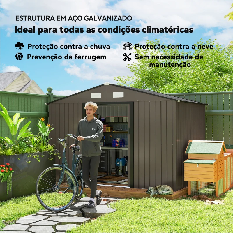 Outsunny Abrigo de Jardim 277x195x192 cm  Metálico para Armazenamento de Ferramentas com Base de Reforço Incluída Madeira