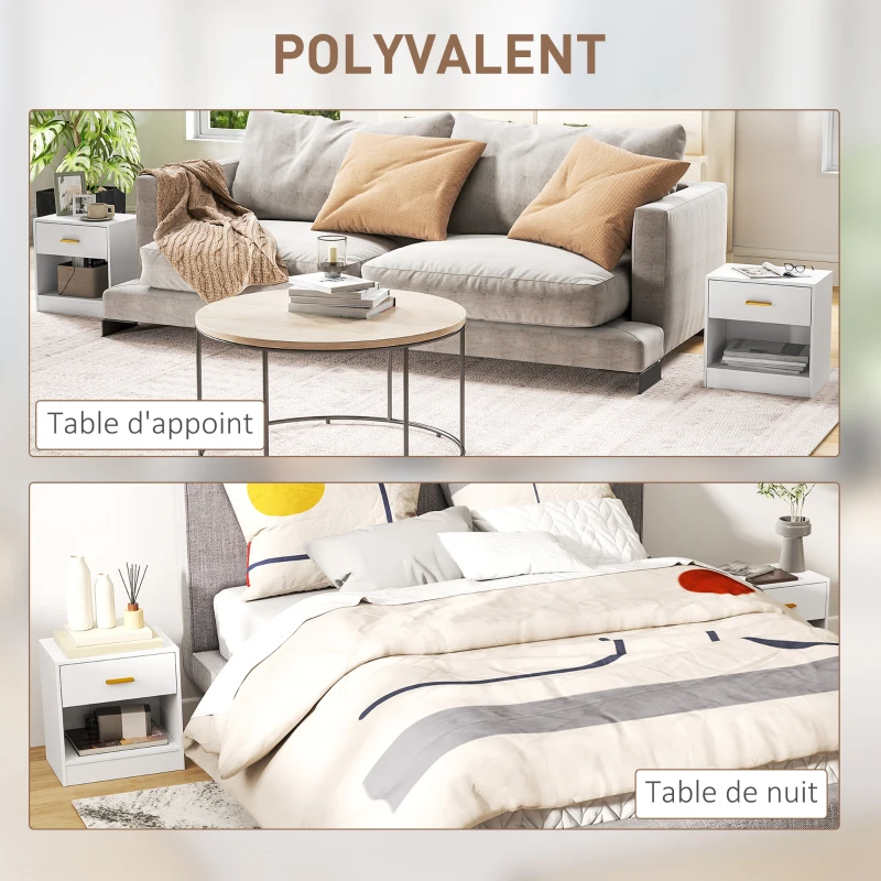 HOMCOM Lot de 2 tables de chevet, table de nuit avec 2 tiroirs et étagères ouvertes, style moderne, 39 x 28 x 41 cm, blanc