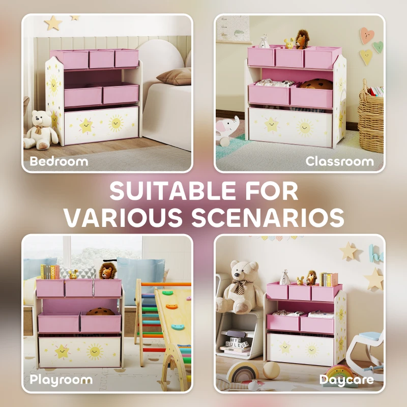 AIYAPLAY Kids Toy Storage Units, 3-Tier Toy Organiser Shelf with 6 Removable Boxes for Kids, Bedroom, Playroom, Pink