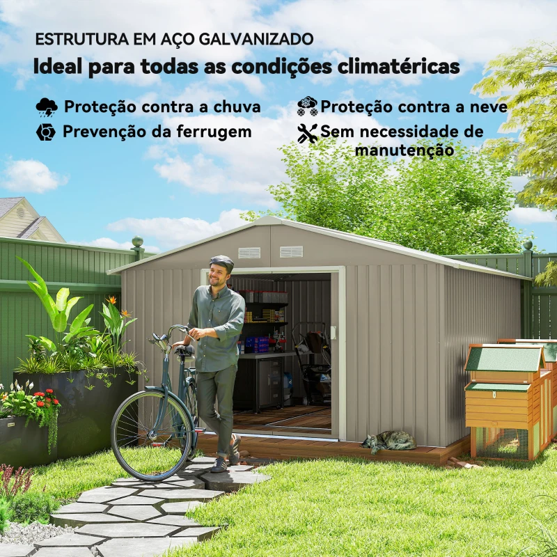 Outsunny Abrigo de Jardim 340x386x200 cm 13,1 m² Abrigo de Exterior de Aço com Portas de Correr e Ventilações Cinza Claro