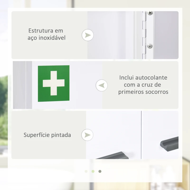 kleankin Armário para Medicamentos Armário de Primeiros Socorros de Parede em Aço de 3 Níveis com Fecho e 2 Chaves 55x18x60 cm Branco