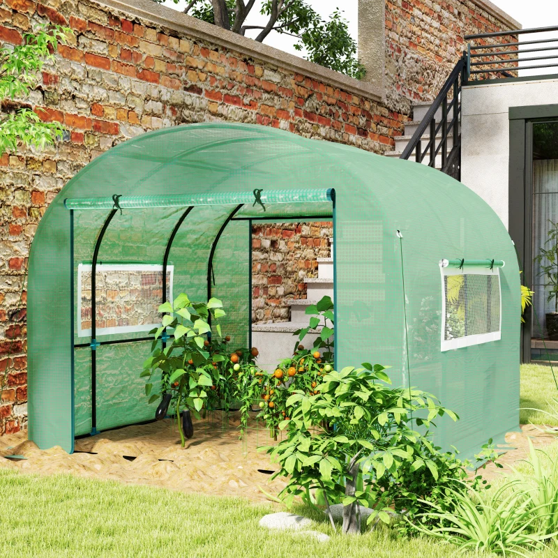 Outsunny Serre de jardin serre tunnel de jardin 6m² PE Haute densité 135 g/m², avec 2 portes zippées 300 x 300 x 200 cm, vert