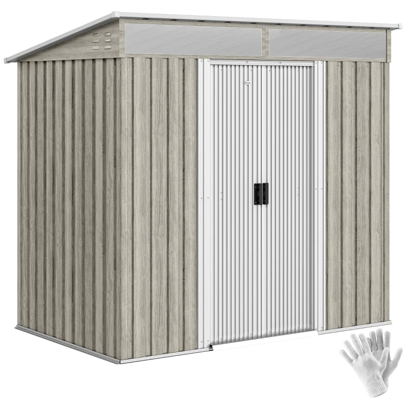 Outsunny 6.5 x 4FT Galvanised Metal Shed with Foundation Kit, Lockable Tool Garden Shed with Double Sliding Doors, Vents, Light Grey Wood Effect