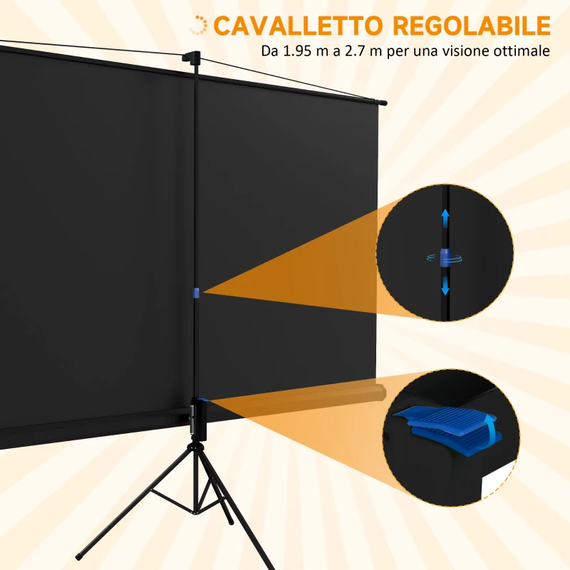 HOMCOM Telo Proiettore Pieghevole da 100" Formato 16:9 con Treppiede Regolabile, 235.8x8x136 cm, Nero