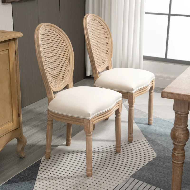 HOMCOM set van 2 eetkamerstoelen vintage keukenstoel gestoffeerde stoel met rotan rugleuning linnen touch rubber hout wit 49 x 56 x 96 cm