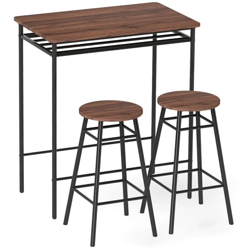 HOMCOM Table Haute de Cuisine avec 2 Tabourets Industriels Étagère Ouverte Repos-Pieds Gain de Place pour Espaces Réduits
