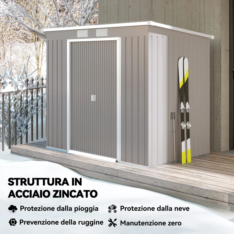 Outsunny Capanno Attrezzi con Tetto Inclinato, 2 Ingressi e Prese d'Aria, in Acciaio Zincato, 213x130x172 cm, Grigio