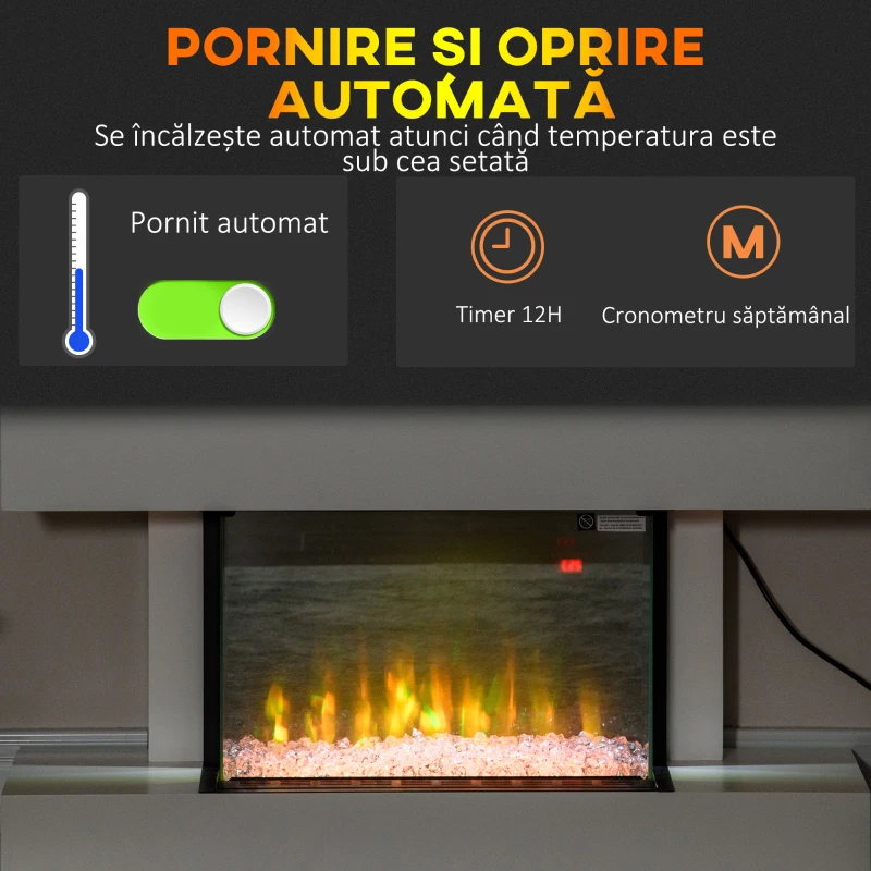 HOMCOM Șemineu Electric Independent și pentru Perete, cu Telecomandă și Protecție Împotriva Supraîncălzirii, 98x27x54,5 cm, Alb